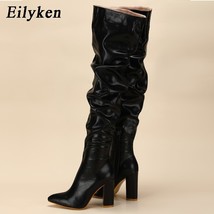 Fashion White Pleated Women Over-the-Knee Boots Sexy Pointed Toe Square Heels La - £65.14 GBP
