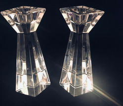 Pair Crystal Taper Candle Holders Heavy Triangle Shaped  8&quot; - £29.85 GBP