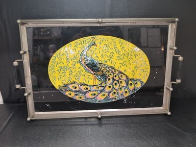 Reverse Painted Art Deco Peacock Serving Tray Gold Foil Backing Vividly ... - $69.30