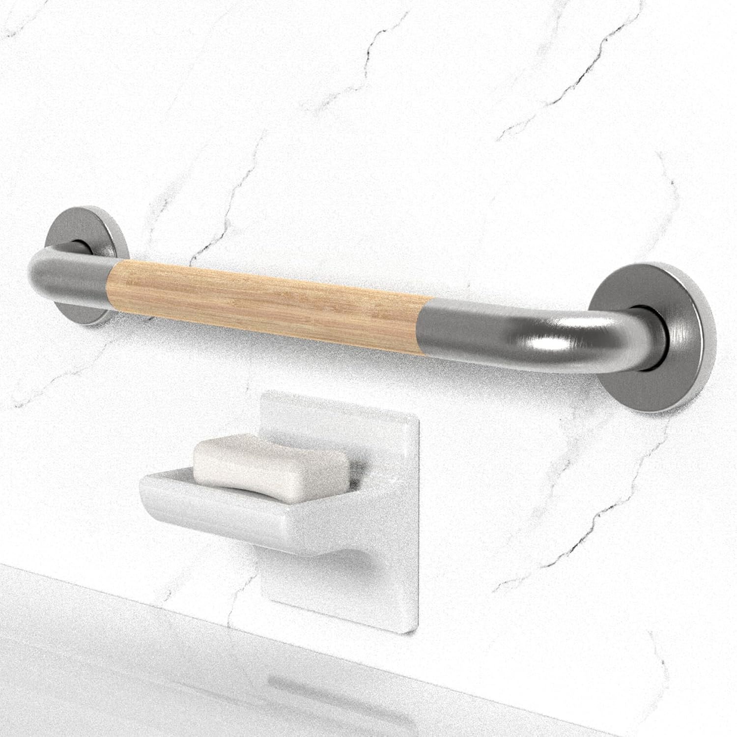 Bathroom And Toilet Safety Grab Bar With Natural Bamboo Handle And Ada C... - $41.97