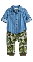 Cat &amp; Jack Infant 2Pc Baby Outfit Blue Denim Shirt &amp; Dino Camo Pant Set,... - £17.20 GBP