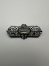 Vintage Sterling Silver Light Green Hue Accent Victorian Style Ornate Brooch - £59.54 GBP