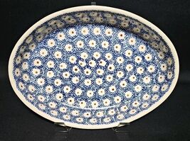 Vintage Polish Pottery Boleslawiec Oval Baker 12" Blue White Floral Ston... - $91.68