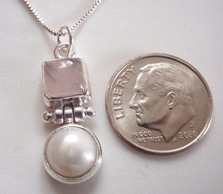 Cultured Pearl &amp; Square Rose Quartz 925 Sterling Silver Pendant - £9.34 GBP