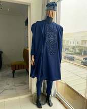 Navy Blue Agbada Babariga 3 Pieces Men&#39;s Kaftan African Clothing Groom Suit - £129.21 GBP+