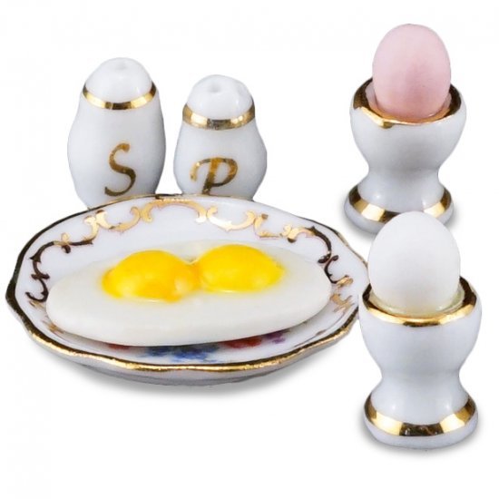 Dollhouse Egg Breakfast Set w S & P 1.328/5 Reutter Porcelain Miniature - $22.04