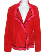 Anne Klein Women&#39;s Red Black Trim Suede Ruffle Blazer Jackets Size EU 16  - £29.43 GBP