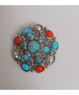 Premier Designs AZTEC silver turquoise coral pearl pendant pin - $471.29 MXN