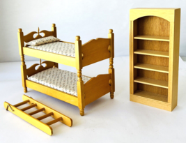 Miniature Dollhouse Wood Bunk Beds &amp; Ladder + Book Shelf for 6&quot; Dolls - £30.44 GBP