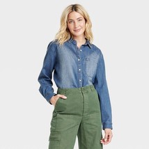 Women&#39;s Long Sleeve Classic Fit Button-Down Shirt - Universal Thread Blue Denim - £12.45 GBP