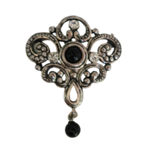 Vintage silver tone victorian inspired brooch w/ black cabochon stone ce... - £15.94 GBP