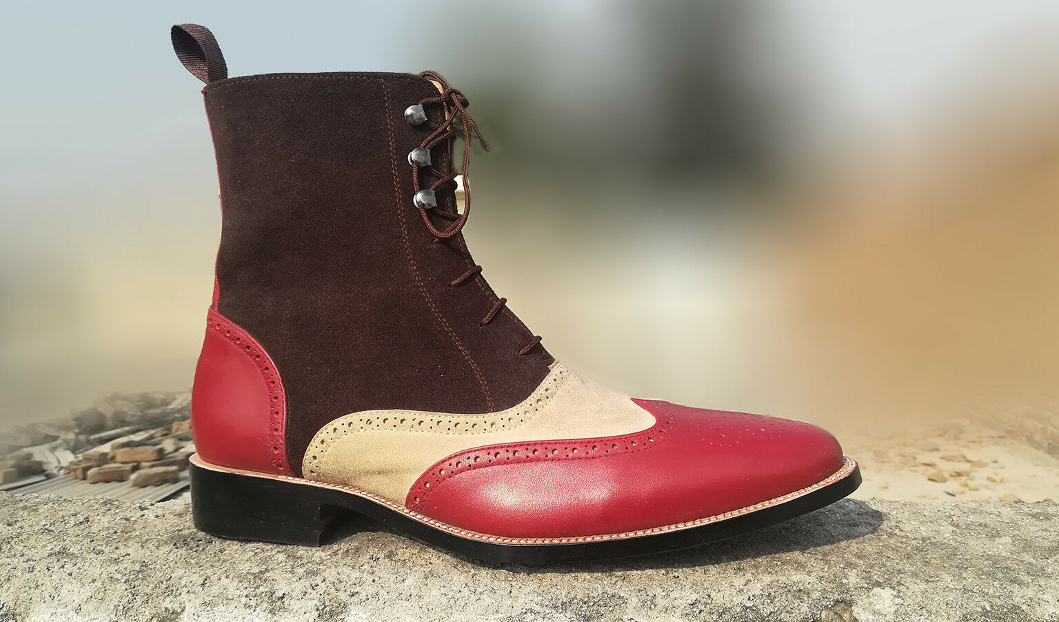 Men High Ankle Multi Color Wing Tip Brogue Toe Suede Real Leather Boots US 7-16