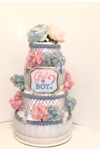 Pink and Blue Gender Reveal Baby Shower 4 Tier Diaper Cake Centerpiece Gift  - £83.67 GBP