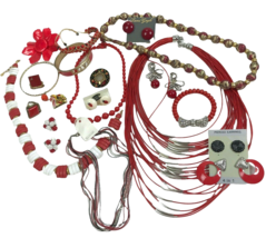 Vintage Jewelry Lot Red tones Handpainted Ladybug Earrings Necklace Bracelet   - £31.14 GBP