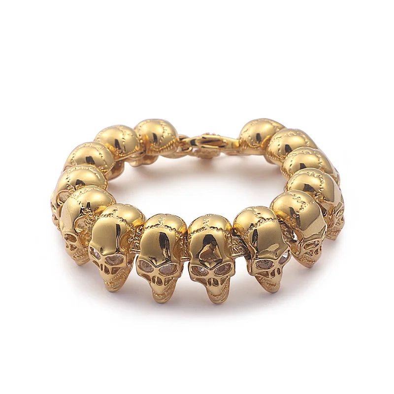 Gothic Style Punk Skull Head Men Bracelet Gold Color Stainless Steel With Curb Z - £36.77 GBP