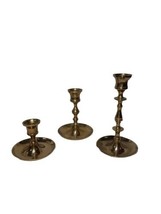 Set of 3 Vintage Brass Candlestick Holders Base Wax Catch Enesco 3&quot; 5&quot; 6.5&quot; - $24.25