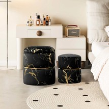 Black Round Storage Ottoman Set of 2: Sherpa Footrest &amp; Vanity Stool - $129.99