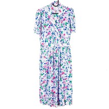 Petites for Maggy VTG Dress 6 Womens Floral Pleated Button White Blue Midi - £15.53 GBP