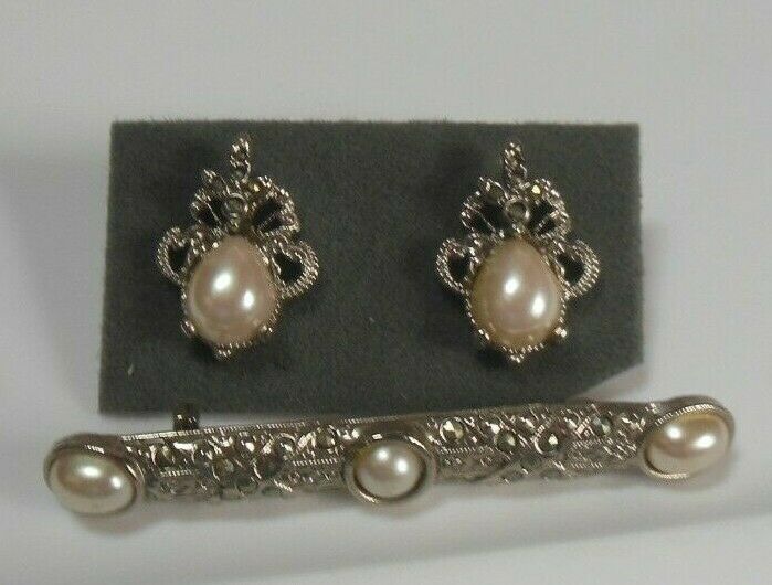 Vintage Victorian Faux Pearl &amp; Marcasite Brooch and Earrings - $24.75