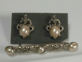 Vintage Victorian Faux Pearl &amp; Marcasite Brooch and Earrings - £19.72 GBP