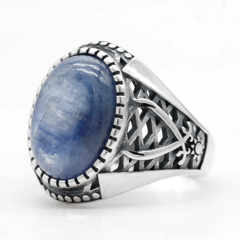 Natural Blue Kyanite Men&#39;s Ring 925 Sterling Silver Muslim Male Rings with Two S - £59.49 GBP