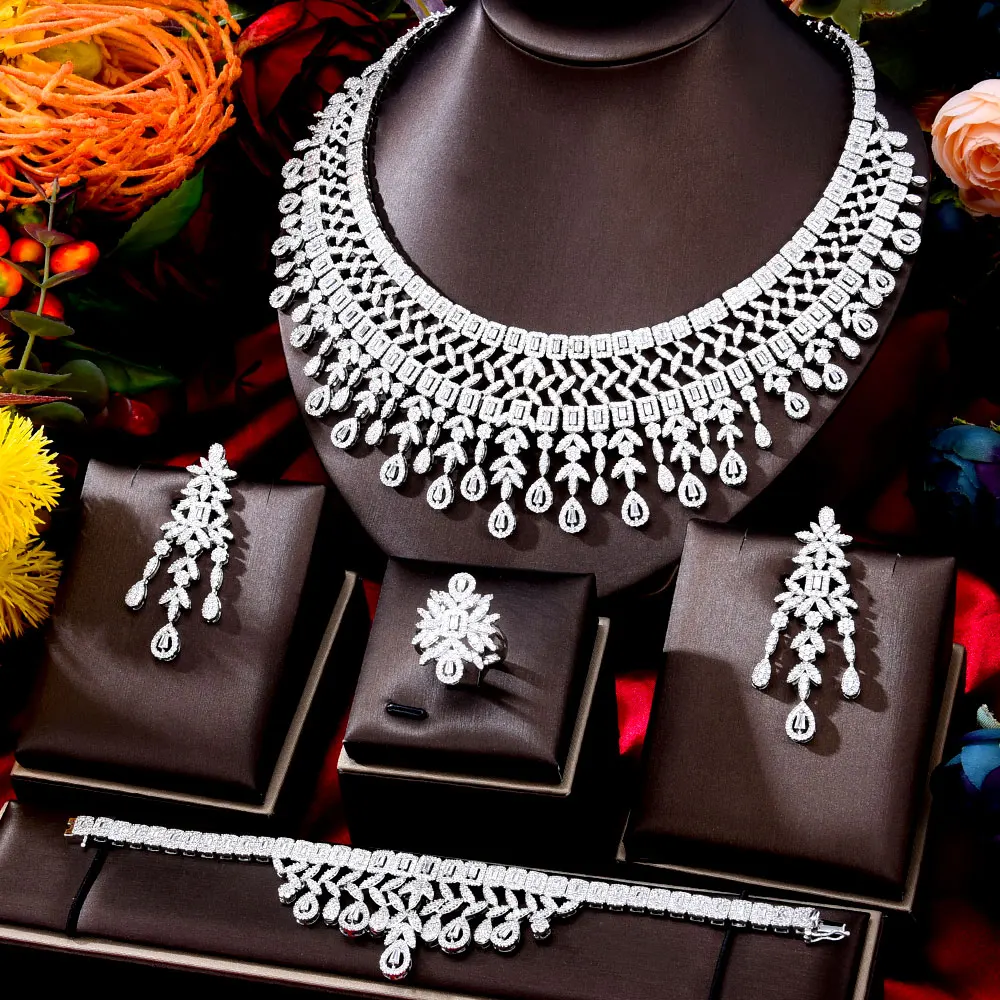Famous Brand 4PCS Clear CZ Luxury UAE Jewelry Set For Women Wedding Party Zircon - £235.09 GBP