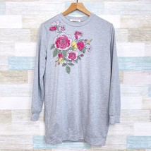 Living Doll Longline Floral Embroidered Sweater Gray Tunic Womens Junior... - $14.84