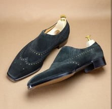 Black Suede Leather Wing Tip Men Premium Leather Handmade Moccasin Loafers Shoes - £119.89 GBP+