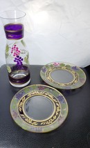 Vintage Glass Carafe Decanter Snack Plates Handpainted Grape &amp; Vine - £14.65 GBP