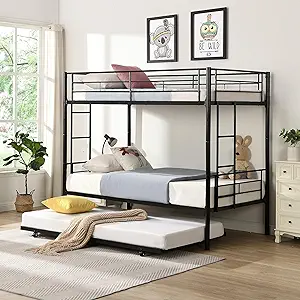 Twin Over Twin Bunk Bed Frame With Trundle,Metal Bunkbed With Sturdy Gua... - $370.99