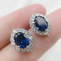 4Ct Oval Simulated Sapphire Diamond Halo Stud Earrings White Gold Plated Silver - £58.81 GBP