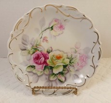 Vintage Handpainted Roses Gold Swirly Rim Shallow Dish Bowl 7&quot; - £10.99 GBP