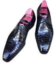 Handmade Black Color Leather Shoes, Formal Crocodile Texture Leather For Men  - £126.93 GBP