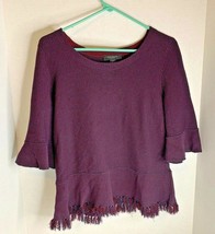 Ann Taylor Womens Sz L P Sweater Striped Shirt 3/4 sleeve Fringe Hem Burgundy  - £11.65 GBP