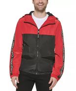 Calvin Klein Men's Logo Taped Sleeves Hooded Windbreaker Jacket - Deep R... - $59.99
