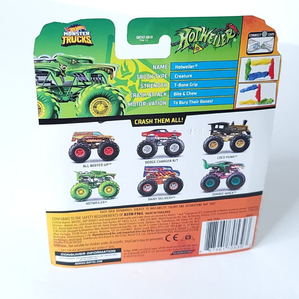 Hot Wheels Monster Trucks Hotweiler Sick Stuff 1 64 New Giant Wheels Crash Car