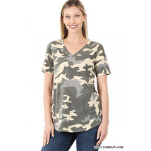 Zenana Outfitters  Womens Short Sleeve Tops Camo   V-Neck - Round Hem Gr... - £13.69 GBP