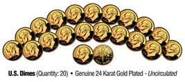 Lot Of 20 Dimes Uncirculated U.S. Coins Genuine 24K Gold Plated Ten Cents - £10.07 GBP