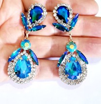 Blue Chandelier Earrings, Gift for Her, Bridesmaid Rhinestone Earrings, Bridal D - £30.77 GBP