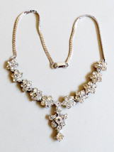 Silver Tone Clear Brilliant color Rhinestones floral desig  Necklace Bridal 16&quot;L - £19.84 GBP