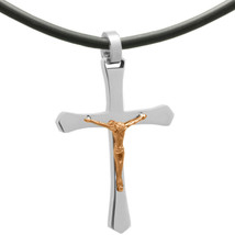 Stainless Steel Cross Jesus Charm Pendant Rubber Cord Necklace 18&quot; or 20&quot;  - £29.07 GBP