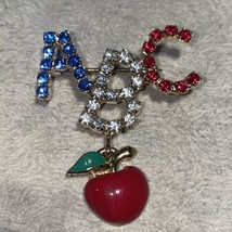 Vintage ABC Enamel dangle apple teacher school brooch pin rhinestone alp... - $1.97