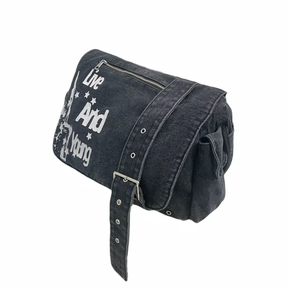 Ge shoulder bag for women denim letter print american retro street messenger bag washed thumb200