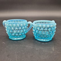 Vintage Fenton Colonial Blue Opalescent Hobnail Glass Open Cream And Sugar Set - £12.40 GBP
