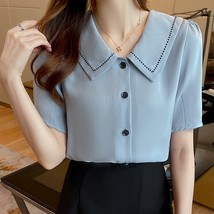 Women Summer Elegant Chiffon Blouses Elegant Slim Short Sleeve Tops Femme Fashio - £58.46 GBP