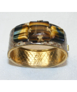 Vintage Hinge Cuff Bracelet Gold Tone Snakeskin Brown Carmel Stones 16-A - €42,21 EUR