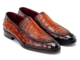 Paul Parkman Mens Shoes Brown Loafers Leather Ostrich Upper Handmade 739... - $779.99