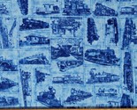 Cotton Trains Patch Engines Locomotion Blue Fabric Print by the Yard D78... - £11.82 GBP