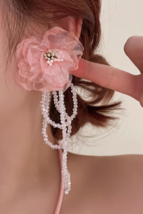 Chiffon Crystal Super Fairy Vintage Pink Silk Flowers Beaded tassel earr... - $19.80