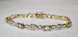 Sterling Silver Aquamarine Diamond Ladies Gemstone Gold Vermeil Bracelet K916 - £38.76 GBP